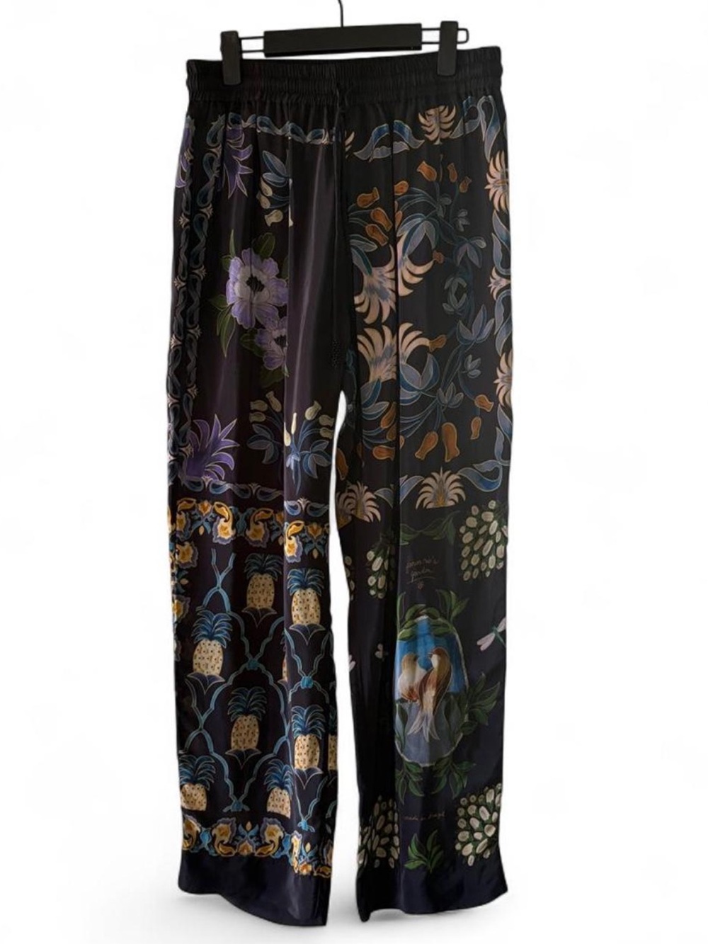 FARM Rio Black Winter Floral Garden Silk Relaxed Pants